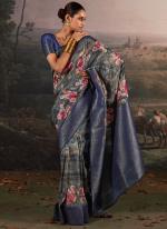 Linen Grey Festival Wear Floral Printed Saree